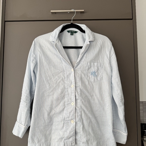 Lauren Ralph Lauren Blue & White Striped Pajama Set | Button-Up Sleepwear Size S - Picture 7 of 10
